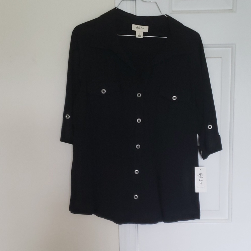 V neck, black button up shirt